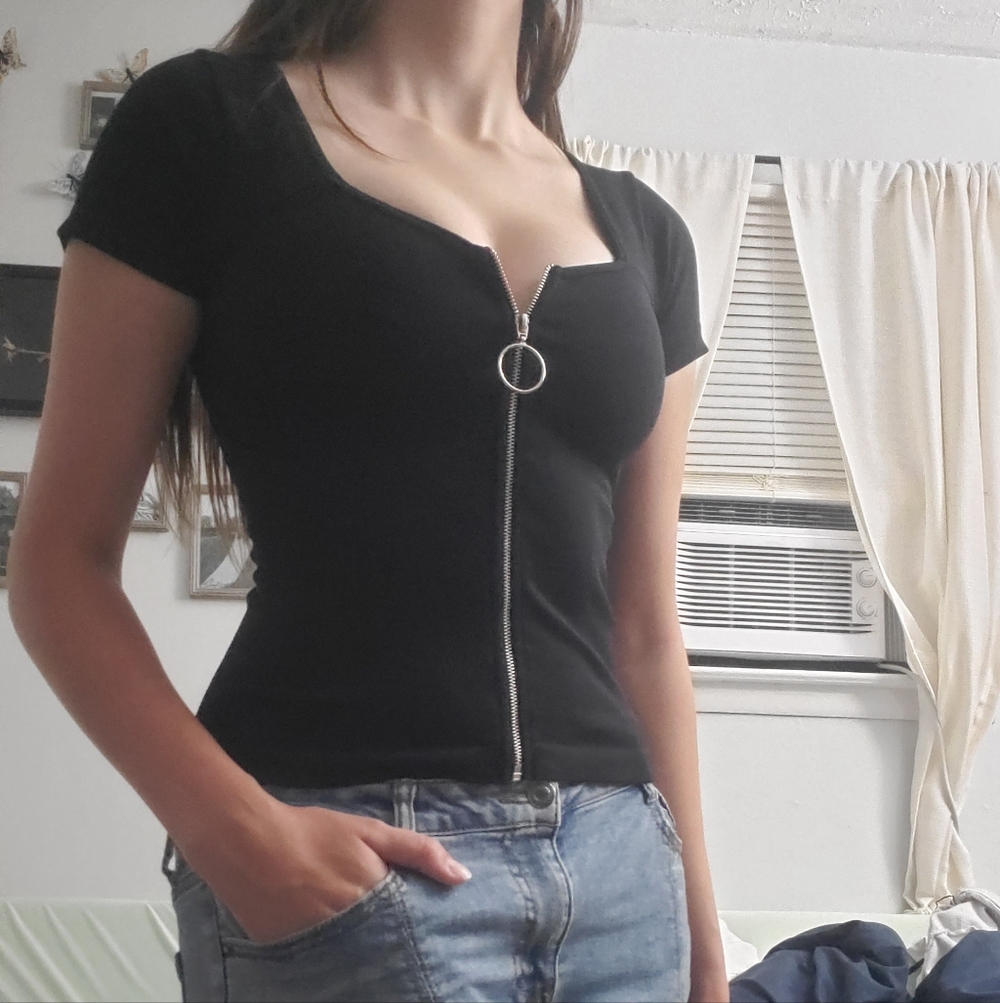 Black Zip-Front Short Sleeve Tee